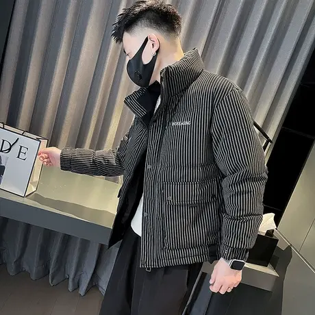潮牌羽绒服男冬季小众个性高级感条纹立领加厚保暖外套男冬装棉衣商品大图