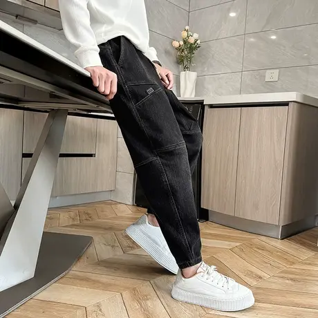 加绒牛仔裤男冬季2023新款潮牌束脚休闲裤复古宽松加厚个性哈伦裤商品大图