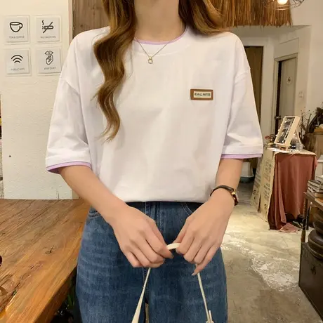 唐狮2024新款假两件短袖女T恤夏季白色内搭打底衫独特宽松体恤1.3商品大图