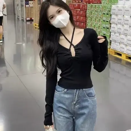 小个子纯欲v领长袖t恤女装秋季打底衫高级感修身短款辣妹挂脖上衣商品大图