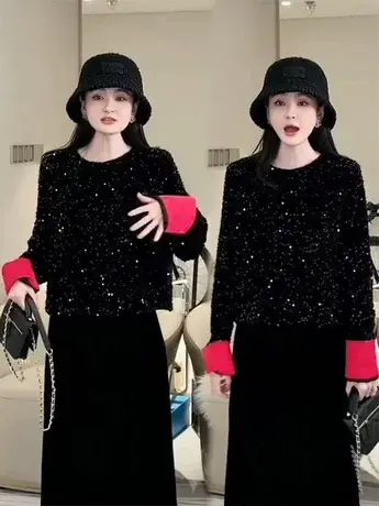 欧货重工黑色亮片衬衫女2024早春季法式轻奢圆领短款小香风衬衣潮商品大图