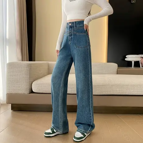 复古高腰直筒阔腿牛仔裤女2024春秋新款小个子宽松垂感拖地裤子潮商品大图