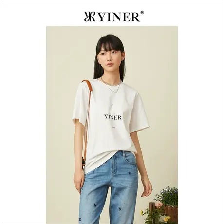 YINER音儿女装2022夏季白色宽松短袖t恤潮牌商品大图