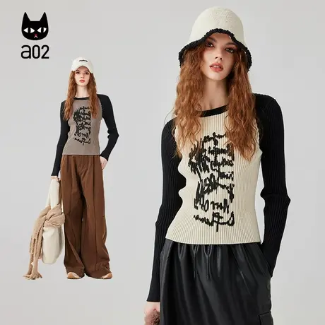 a02【融化】2024春季新款小众设计喷漆涂鸦针织衫修身显瘦上衣商品大图