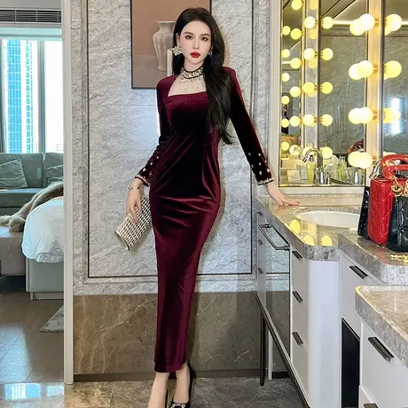 法式年会晚礼服高端轻奢小众长款镂空半高领气质包臀丝绒连衣裙女商品大图