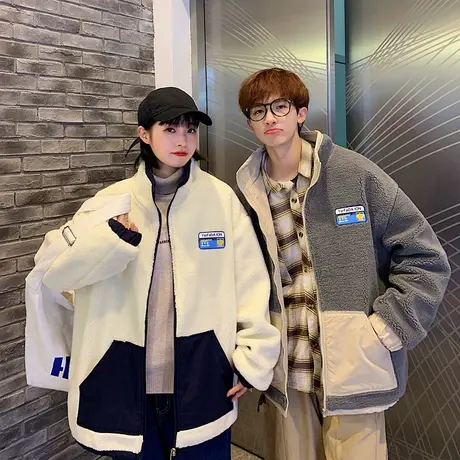 两面穿羊羔绒外套男秋冬季加绒加厚情侣棉服港风休闲保暖抓绒棉衣图片