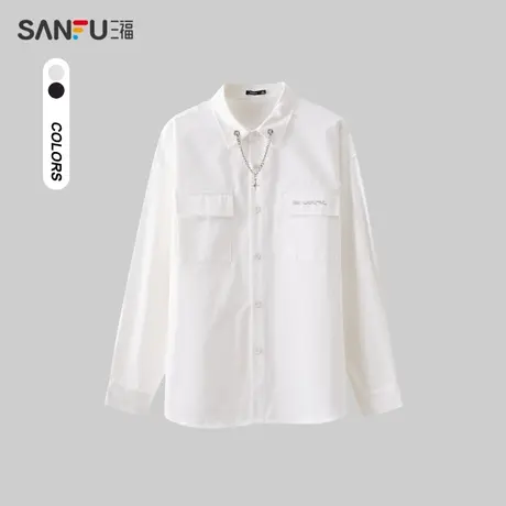 三福2024春季男士链条印花长衬衫 潮流宽松翻领纯棉上衣482490商品大图