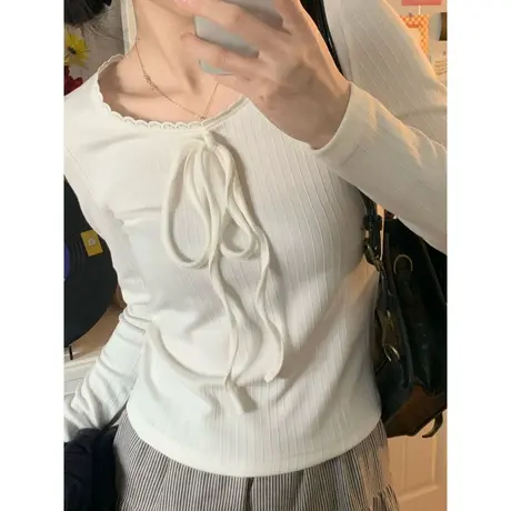 ins超火长袖T恤女早春秋装2024新款蝴蝶结提花修身上衣内搭打底衫商品大图