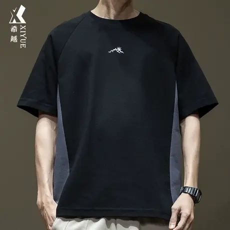 希越美式拼接短袖T恤男2024春季宽松大码230g重磅男士插肩袖上衣商品大图