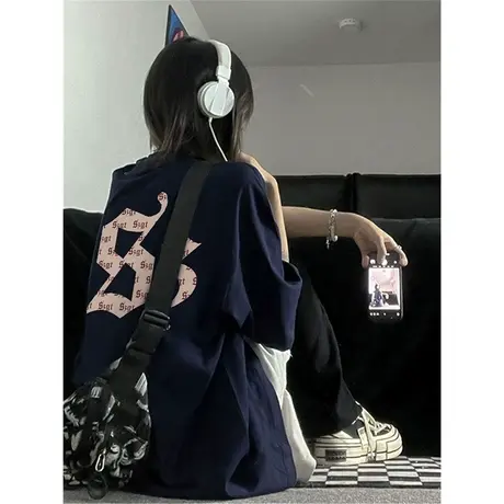 纯棉设计感小众短袖t恤女夏季新款宽松美式复古半袖oversize上衣商品大图