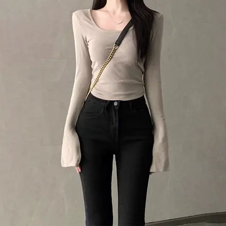 小个子短款纯色长袖T恤女春季内搭修身打底小衫韩版辣妹紧身上衣商品大图