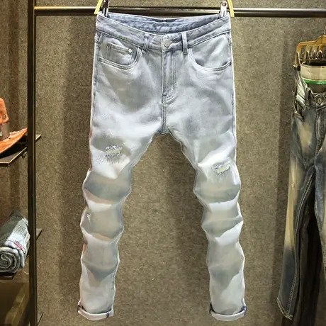 春夏破洞牛仔裤男弹力修身小脚裤浅蓝色高街ins潮牌补丁帅气长裤商品大图