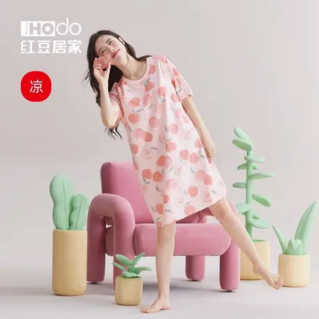 红豆夏季凉感棉睡裙女【A类】短袖套头睡衣裙可外穿粉色蜜桃少女商品大图