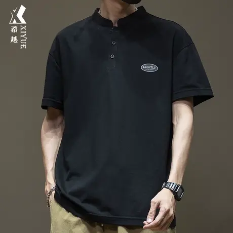 希越美式珠地棉短袖T恤男春季潮牌百搭宽松大码男士亨利领POLO衫图片