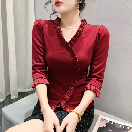 欧货设计感木耳边T恤女喇叭袖春装新款气质百搭小衫时尚修身上衣图片