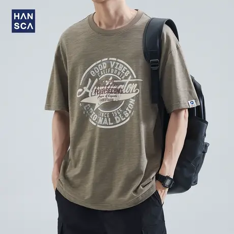hansca 美式复古印花短袖t恤男夏季重磅宽松大码竹节棉透气上衣服商品大图