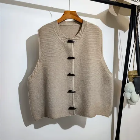 牛角扣针织马甲开衫女春秋新款圆领宽松大码无袖坎肩背心马夹外套商品大图