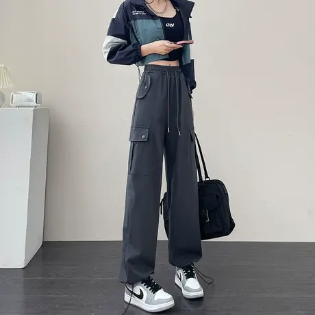 美式工装裤女春秋2024高腰显瘦束脚阔腿小个子灰色两穿运动休闲裤商品大图
