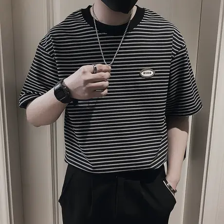 设计感条纹短袖T恤男夏季ins韩版休闲半袖日系重磅潮牌半截袖体恤商品大图