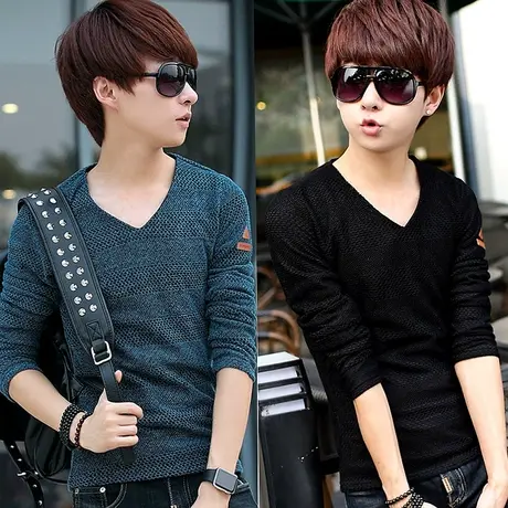 青少年秋冬季韩版修身毛线衣男士V领针织打底衫潮纯色长袖T恤上衣商品大图