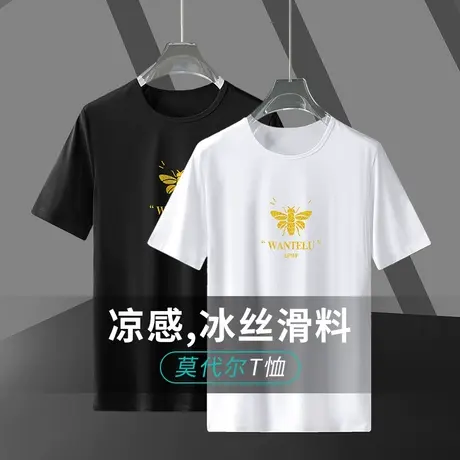 莫代尔冰丝t恤男士短袖速干凉感圆领上衣服夏季潮流半袖白色体恤商品大图
