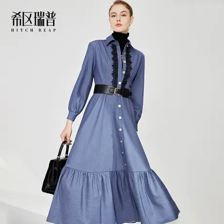 希区高级感连衣裙女秋冬2023新款法式蕾丝拼接气质时尚衬衫式长裙图片
