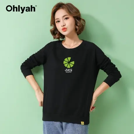 Ohlyah品牌 黑色圆领套头印花卫衣女宽松韩版2023春秋新品上衣女商品大图