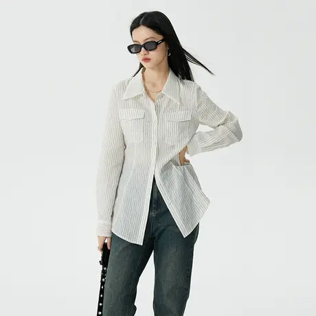 omont蛋挞家 条纹收腰衬衫女夏季2023新款复古设计感长袖修身衬衣商品大图