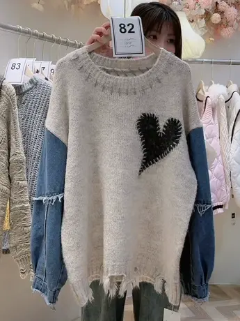 2023春秋新款女慵懒高级感韩版宽松显瘦时尚百搭牛仔拼接针织毛衣图片