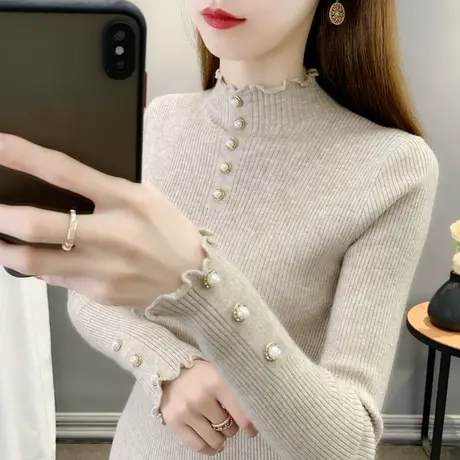 2023年秋冬新款木耳边半高领毛衣女套头修身打底衫女长袖内搭毛衣商品大图