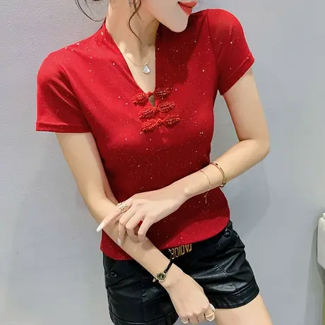 中国风女装性感网纱V领短袖T恤设计感复古盘扣洋气上衣紧身小衫女商品大图