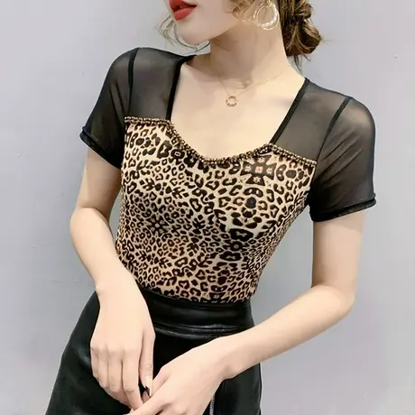 性感豹纹短袖T恤女士夏装网纱拼接小衫洋气方领上衣修身百搭体恤商品大图