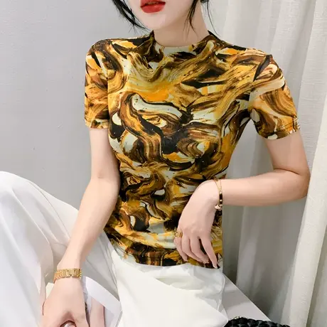 扎染印花雪纺衫女短袖2023夏季新款气质半高领上衣修身显瘦小衫潮商品大图