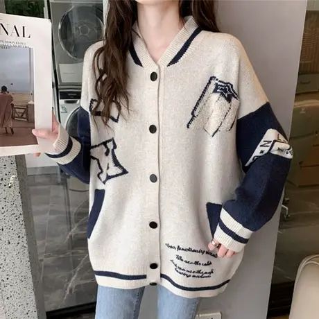 早春新款棒球服毛衣短外套2023年新款宽松长袖学院风针织开衫百搭图片