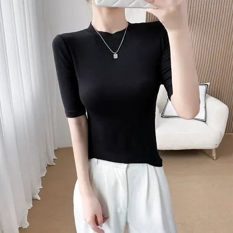 罗纹莫代尔小高领中袖t恤女黑色显瘦百搭外穿春夏上衣五分袖新款商品大图