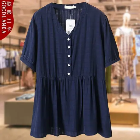 加肥加大码妈妈上衣夏季薄款洋气时尚宽松遮肉显瘦V领纯棉短袖T恤商品大图