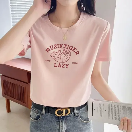 t恤女短袖纯棉宽松直筒2022夏季新款时尚少女粉色半袖显瘦上衣服商品大图