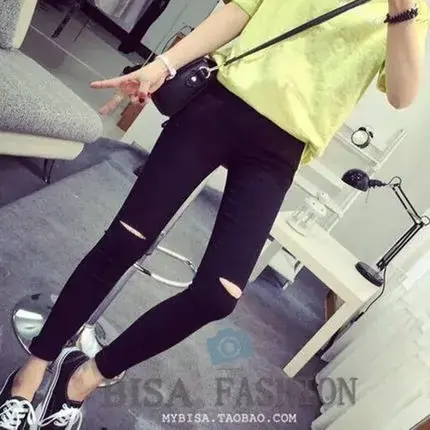 2023韩版夏季新款破洞打底裤女外穿黑小脚薄款显瘦九分百搭长裤子图片