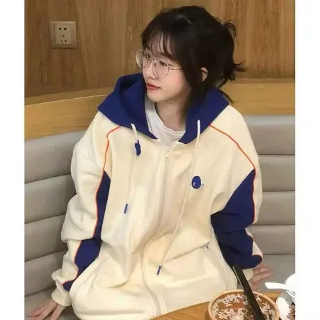 艺术生奶甜连帽外套女春秋oversize落肩慵懒风奶fufu拉链开衫卫衣商品大图