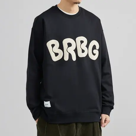 奕飏男装2022秋季新款圆领立体贴布黑色韩版卫衣男士休闲宽松上衣图片