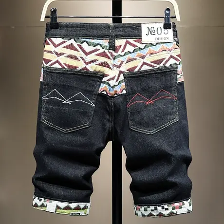 香港潮牌夏天刺绣牛仔短裤男宽松百搭中裤男潮五分裤马裤子男薄款商品大图