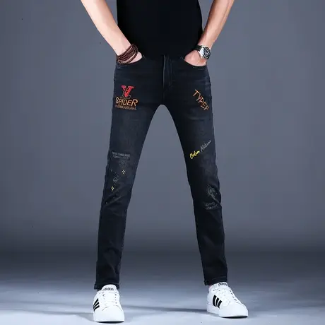 2023新款灰色刺绣牛仔裤男黑色修身小脚男款百搭潮牌轻奢男款裤子商品大图