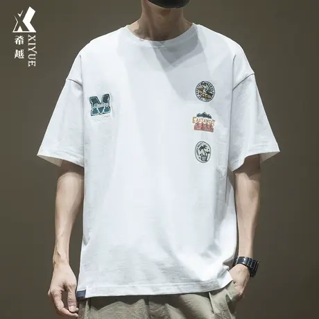 希越设计感ins徽章绣花五分袖t恤男短袖高级感大码夏季纯棉上衣潮商品大图