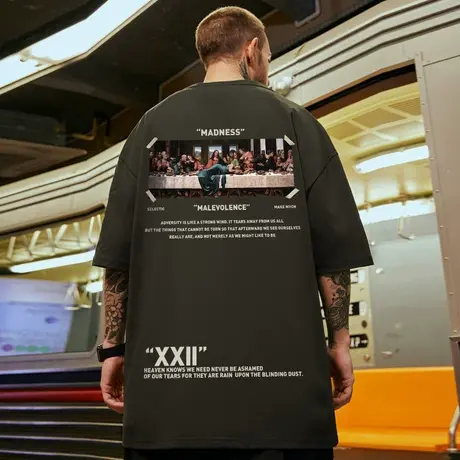 高街潮牌宽松T恤油画短袖男加肥加大五分袖纯棉肥佬大码男装夏季商品大图