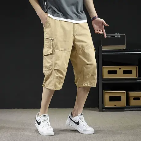 全棉工装裤七分裤男夏季薄款纯棉中裤宽松加肥运动裤休闲裤短裤男商品大图