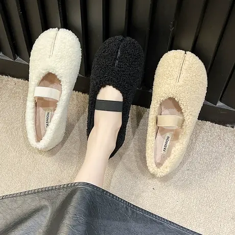 设计感羊羔毛毛鞋分趾猪蹄鞋个性圆头浅口单鞋可踩脚保暖一字带鞋商品大图