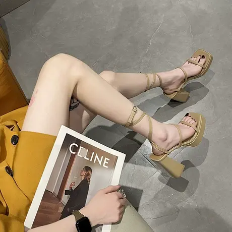 超高跟凉鞋女性感脚环绑带2023夏季新款露趾一字扣带气质显瘦粗跟图片