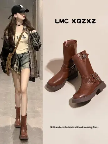厚底真皮马丁靴女2023年秋季新款网红复古西部牛仔靴英伦风短靴子图片