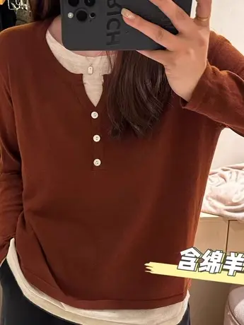 大码女装胖mm春秋季宽松百搭假两件打底针织衫显瘦遮肉上衣200斤商品大图
