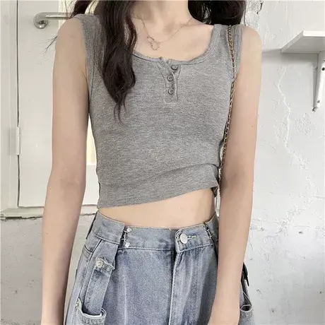 chic百搭基础款纽扣吊带背心女2024夏复古外穿无袖T恤螺纹棉上衣商品大图